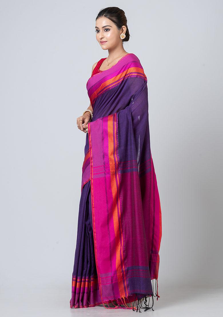 Purple Printed Cotton Saree Set