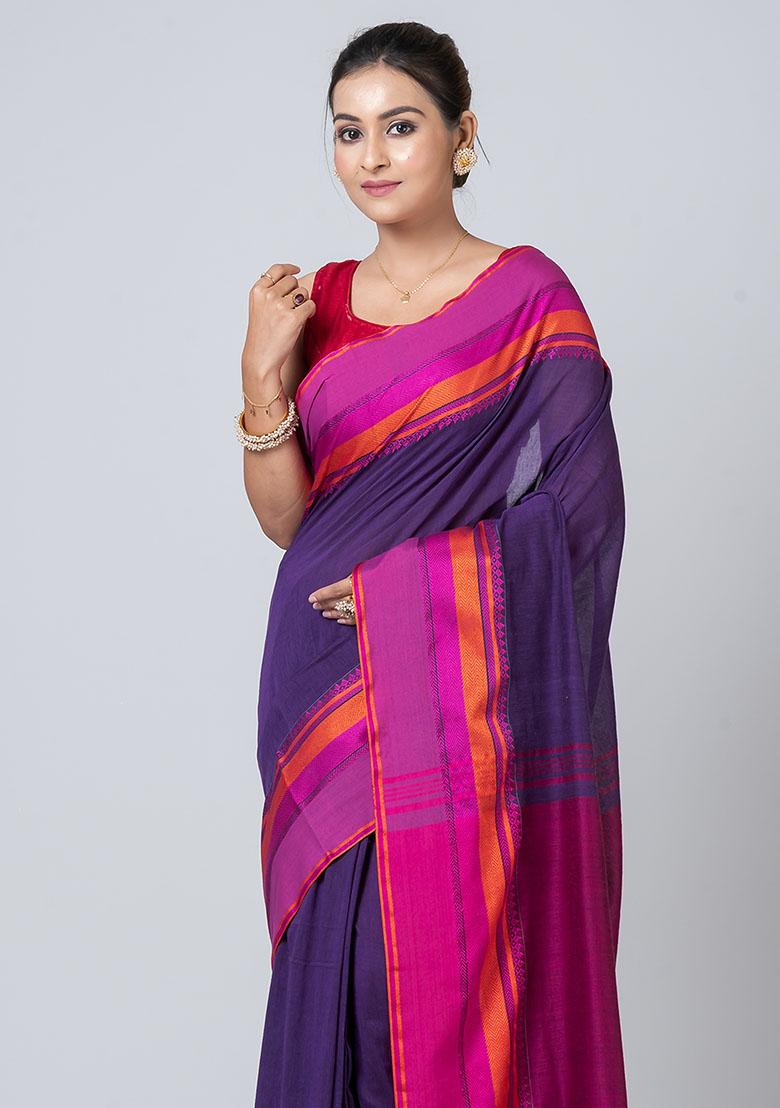 Purple Printed Cotton Saree Set