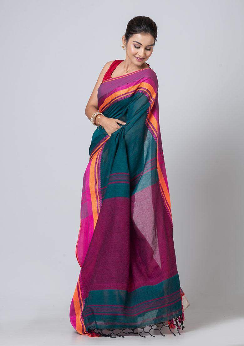 Green Printed Cotton Saree Set