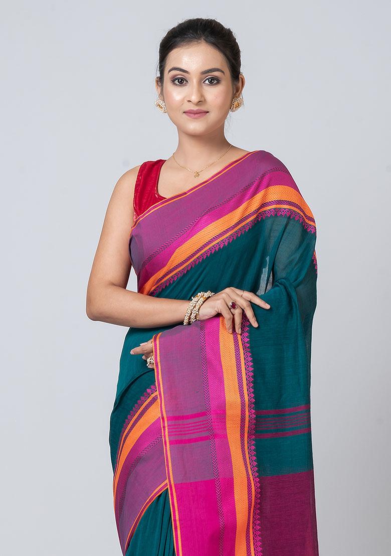 Green Printed Cotton Saree Set