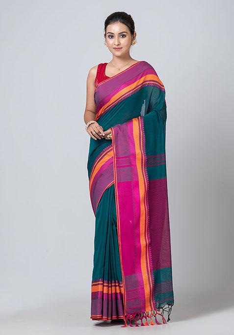 Green Printed Cotton Saree Set