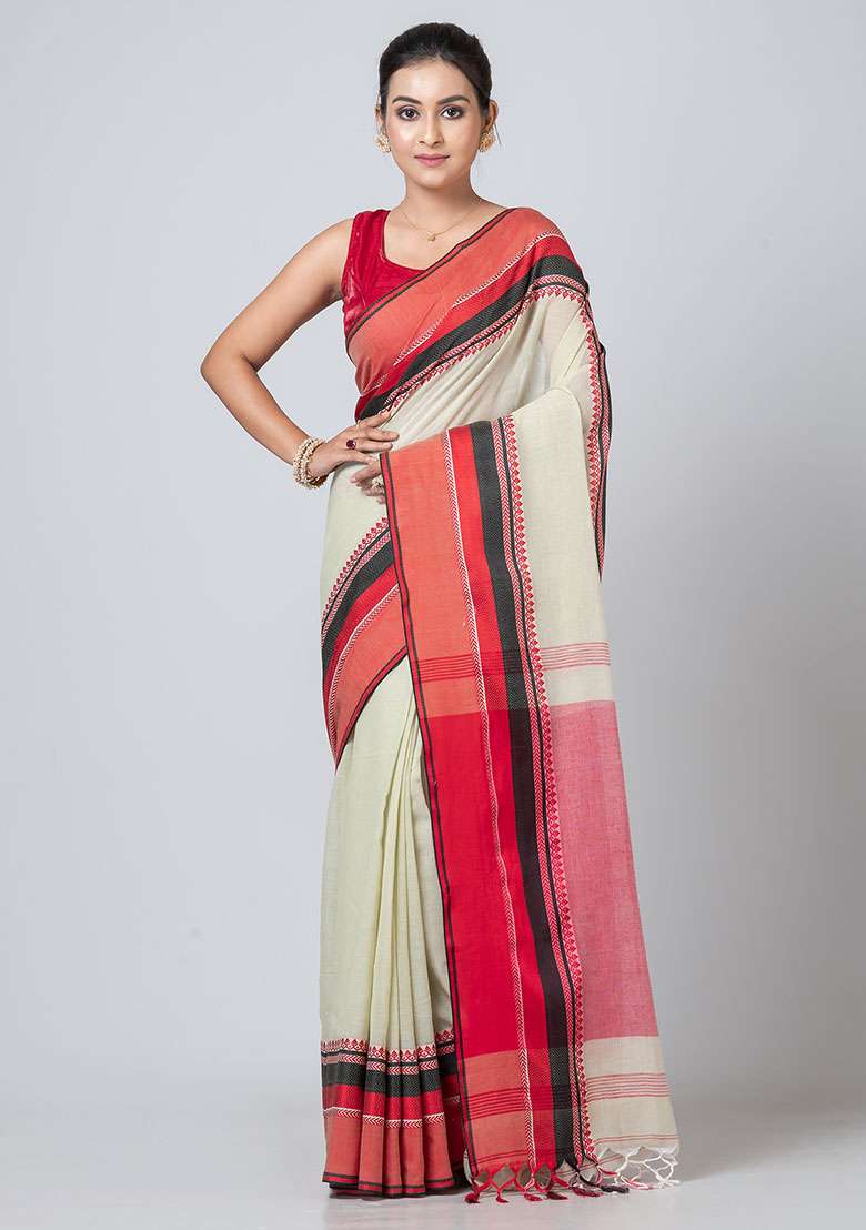 Beige Printed Cotton Saree Set - Indya