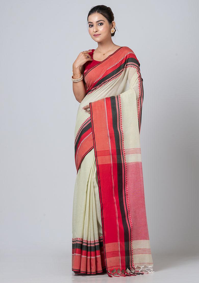 Beige Printed Cotton Saree Set