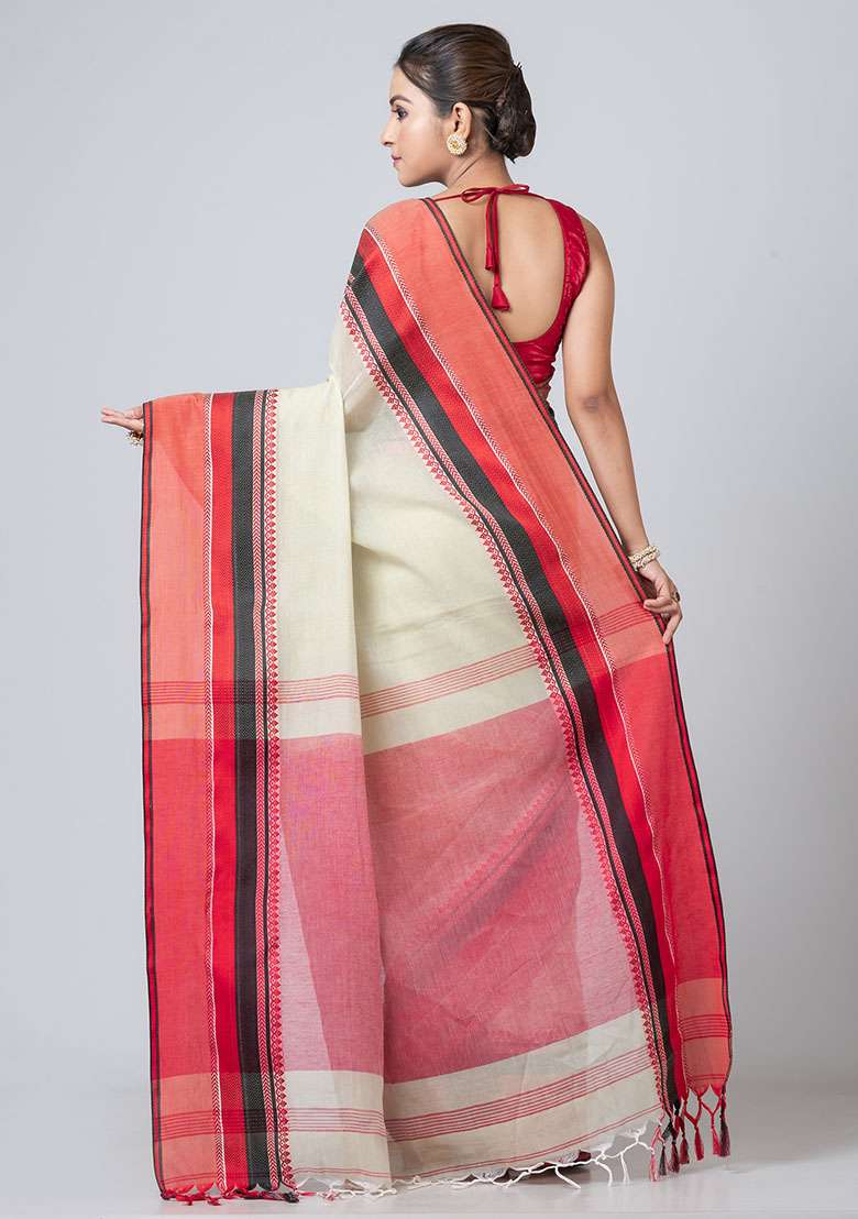 Beige Printed Cotton Saree Set - Indya