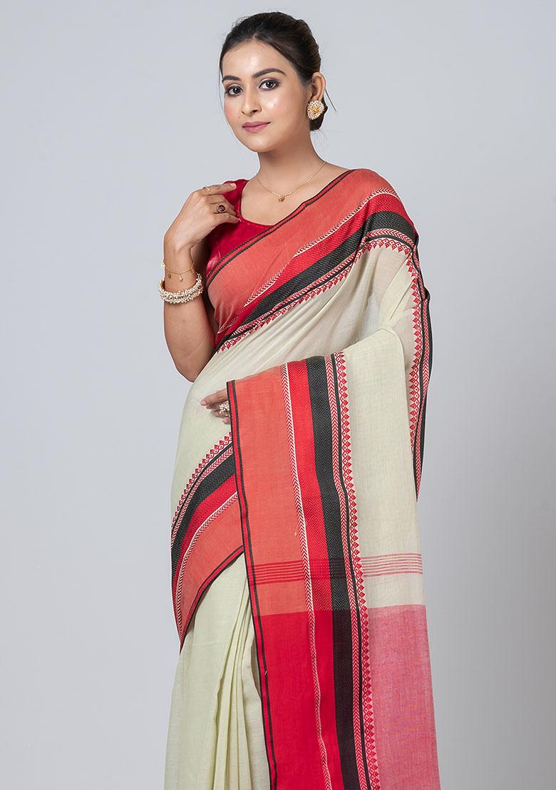 Beige Printed Cotton Saree Set