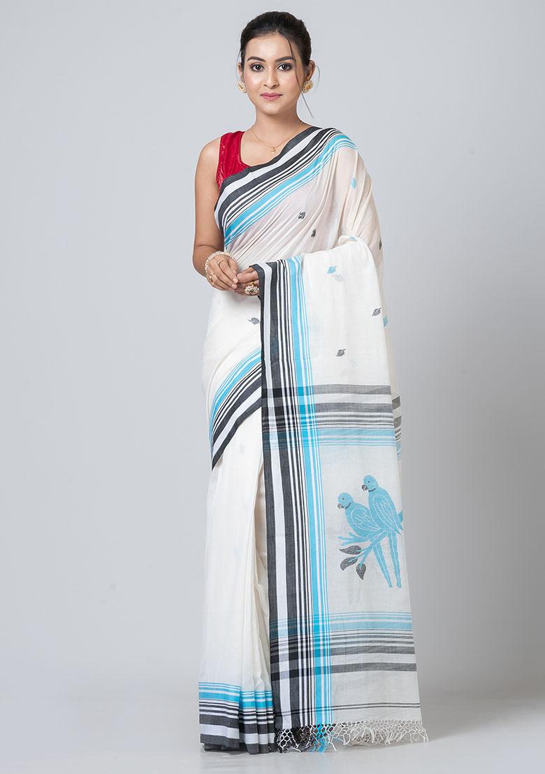 White Printed Cotton Saree Set