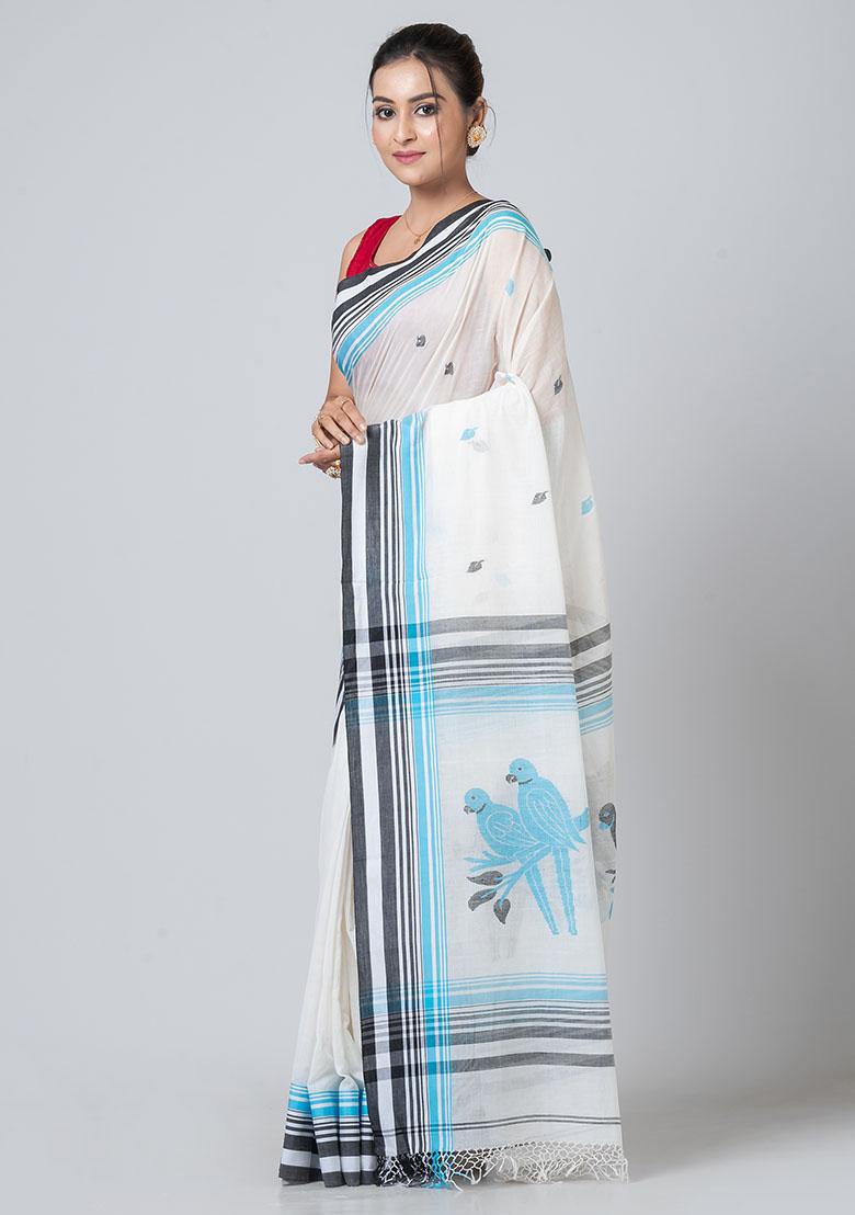 White Printed Cotton Saree Set