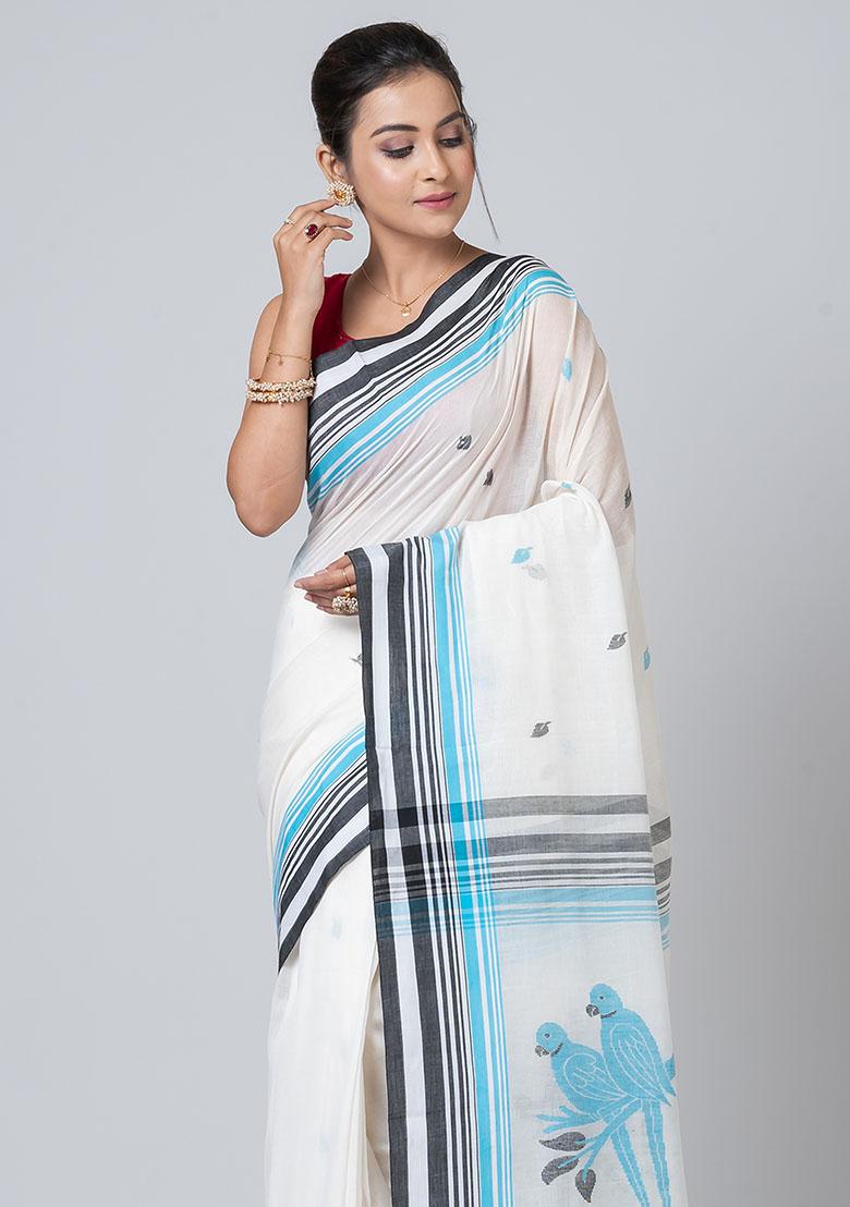 White Printed Cotton Saree Set