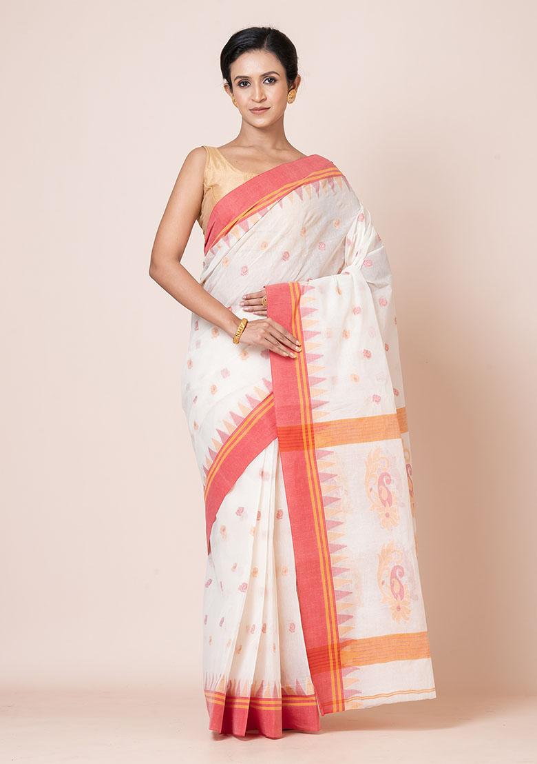 Off White Buti Work Cotton Saree (Without Blouse)