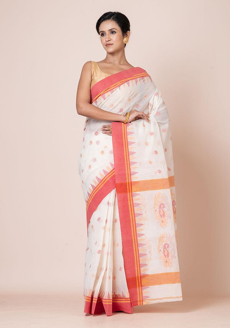 Off White Buti Work Cotton Saree (Without Blouse)