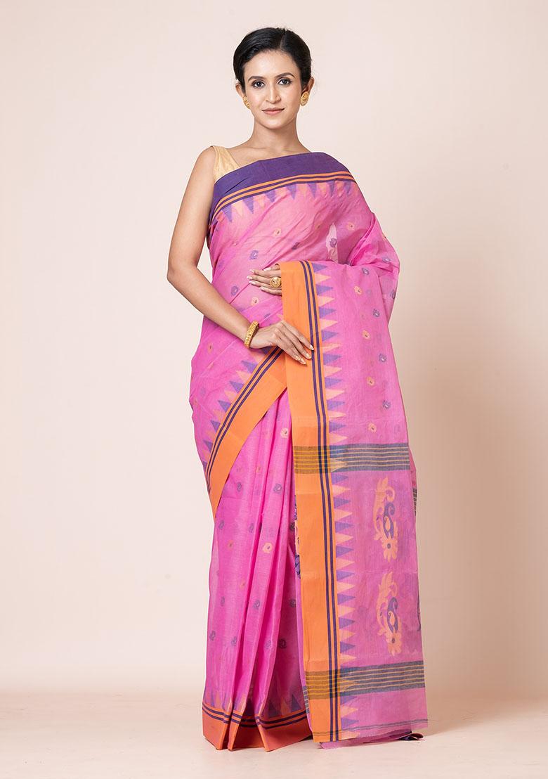 Pink Buti Work Cotton Saree (Without Blouse)