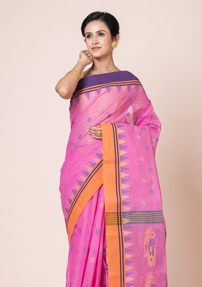 Pink Buti Work Cotton Saree (Without Blouse)