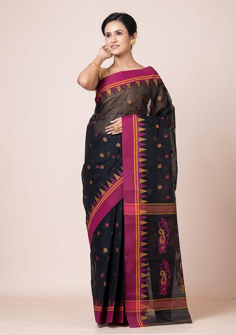 Black Buti Work Cotton Saree (Without Blouse)