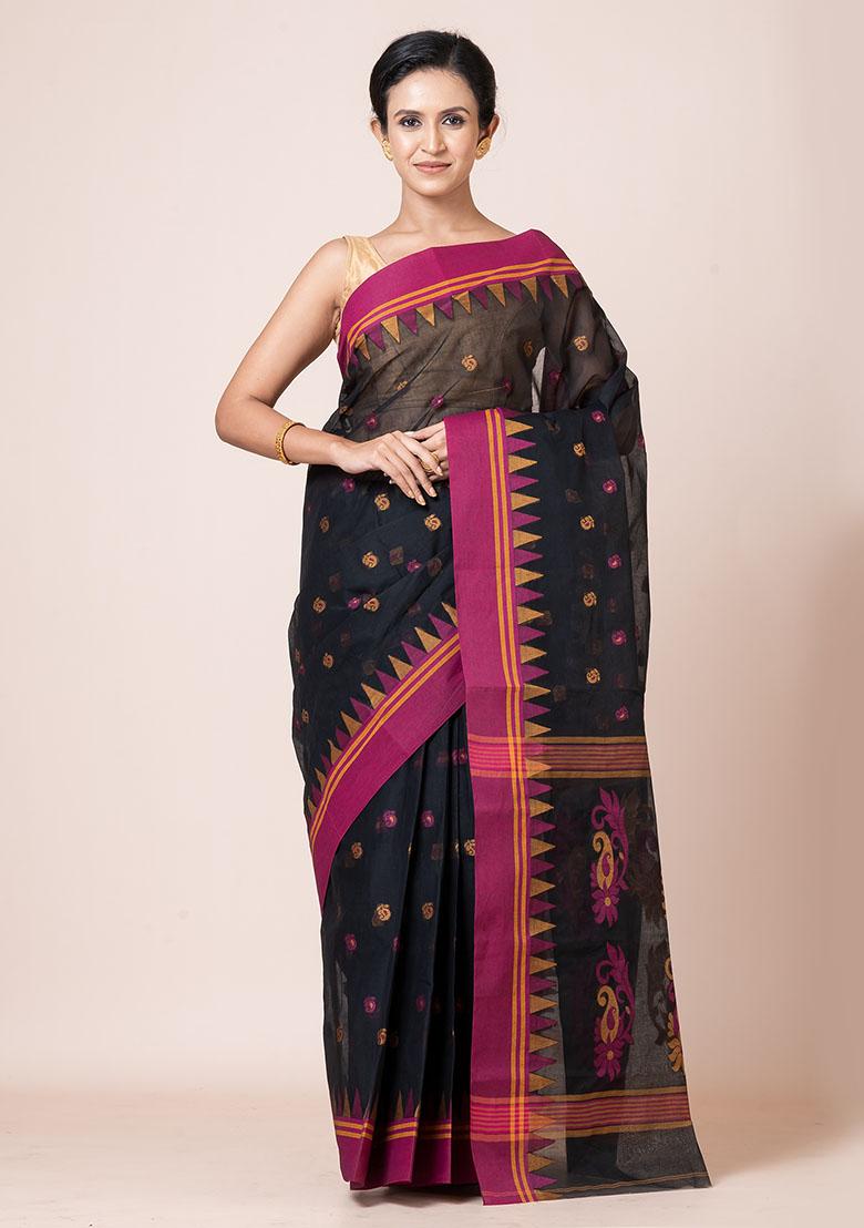 Black Buti Work Cotton Saree (Without Blouse)
