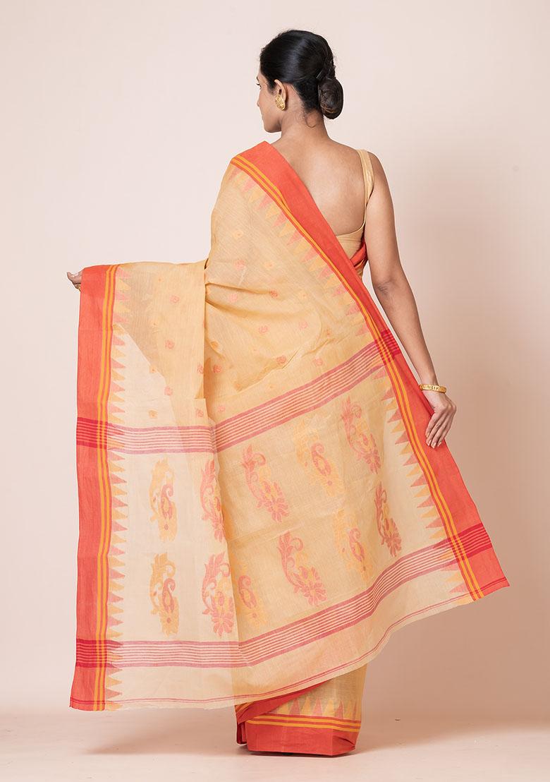 Beige Buti Work Cotton Saree (Without Blouse)
