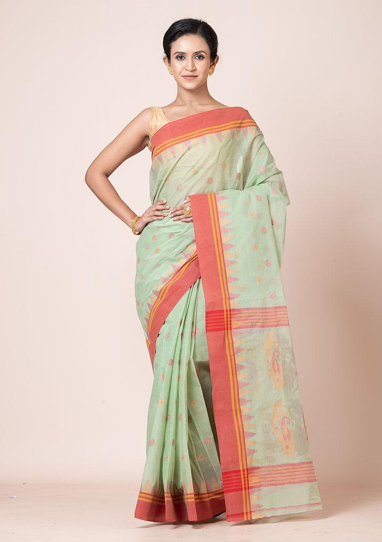 Sea Green Buti Work Cotton Saree (Without Blouse)