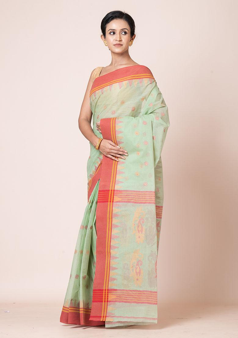 Sea Green Buti Work Cotton Saree (Without Blouse)
