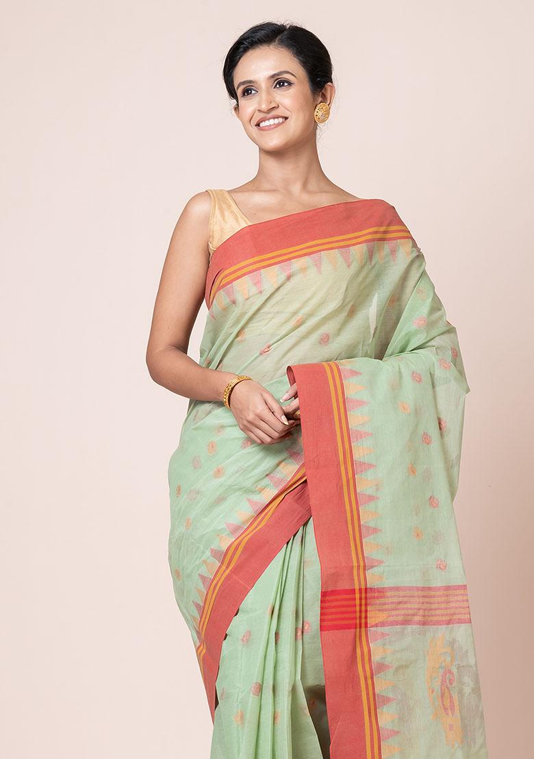 Sea Green Buti Work Cotton Saree (Without Blouse)
