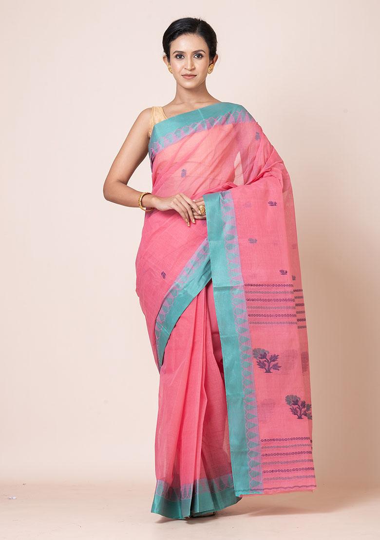 Pink Buti Work Cotton Saree (Without Blouse)