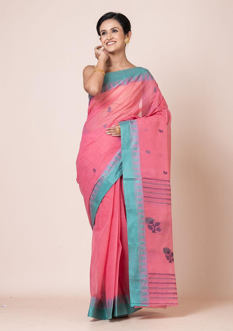 Pink Buti Work Cotton Saree (Without Blouse)