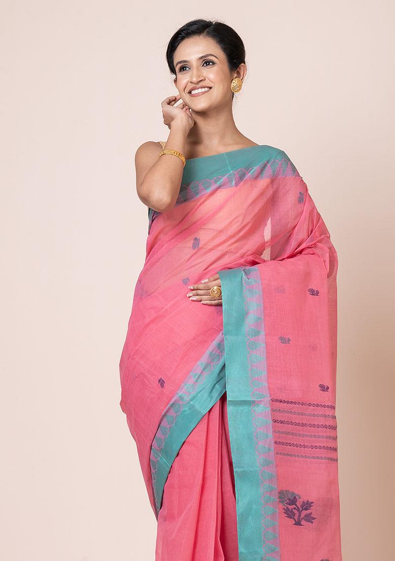Pink Buti Work Cotton Saree (Without Blouse)