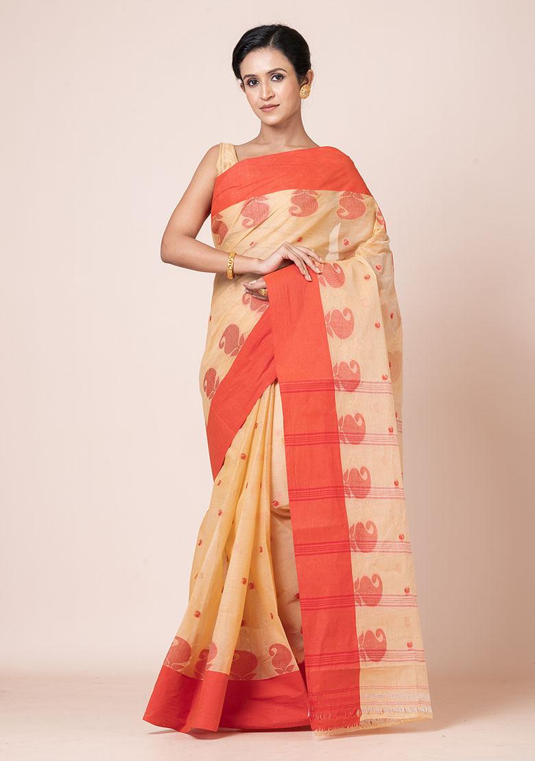 Beige Buti Work Cotton Saree (Without Blouse)
