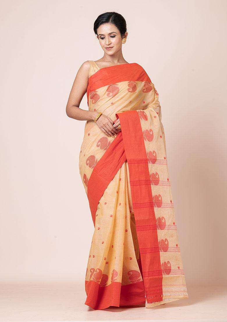 Beige Buti Work Cotton Saree (Without Blouse)