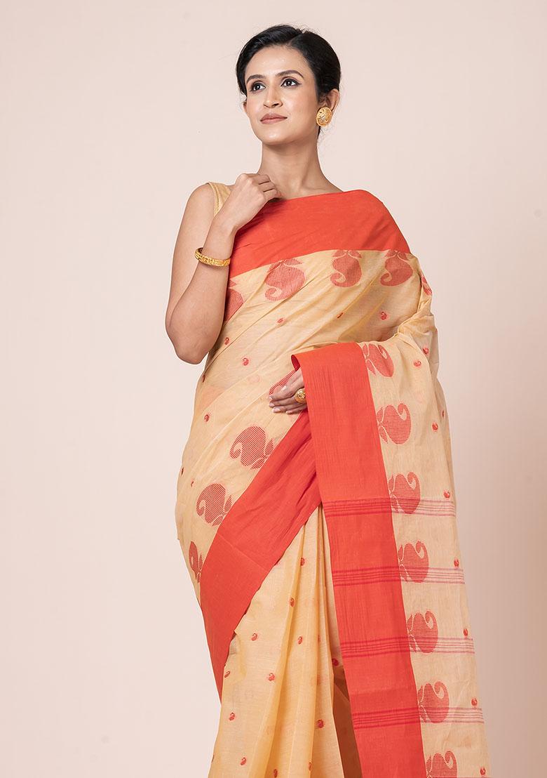 Beige Buti Work Cotton Saree (Without Blouse)