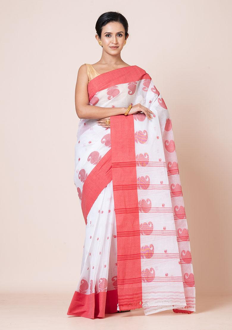 White Buti Work Cotton Saree (Without Blouse)