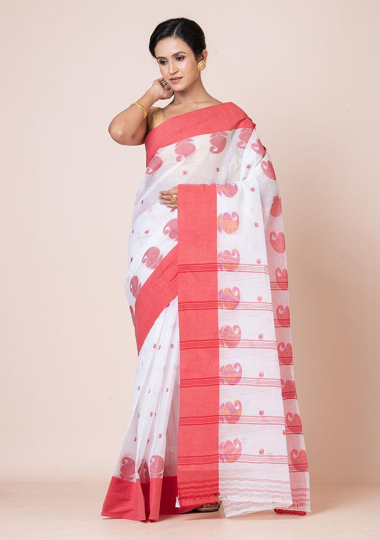 White Buti Work Cotton Saree (Without Blouse)