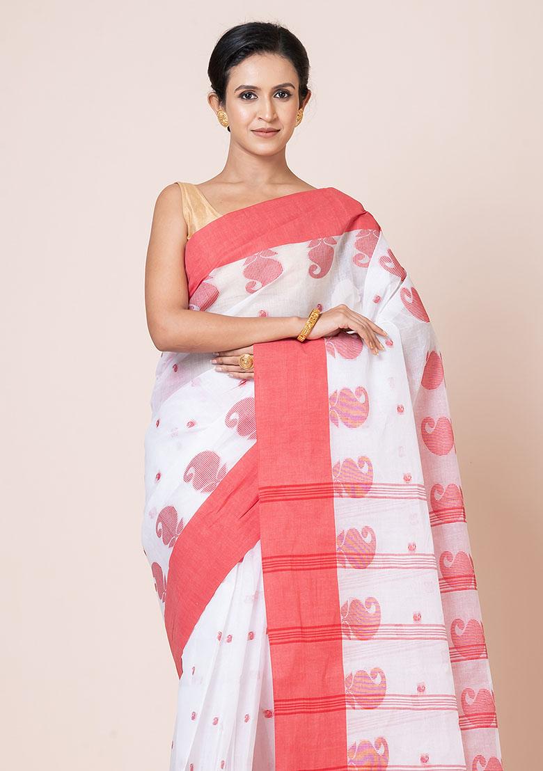 White Buti Work Cotton Saree (Without Blouse)