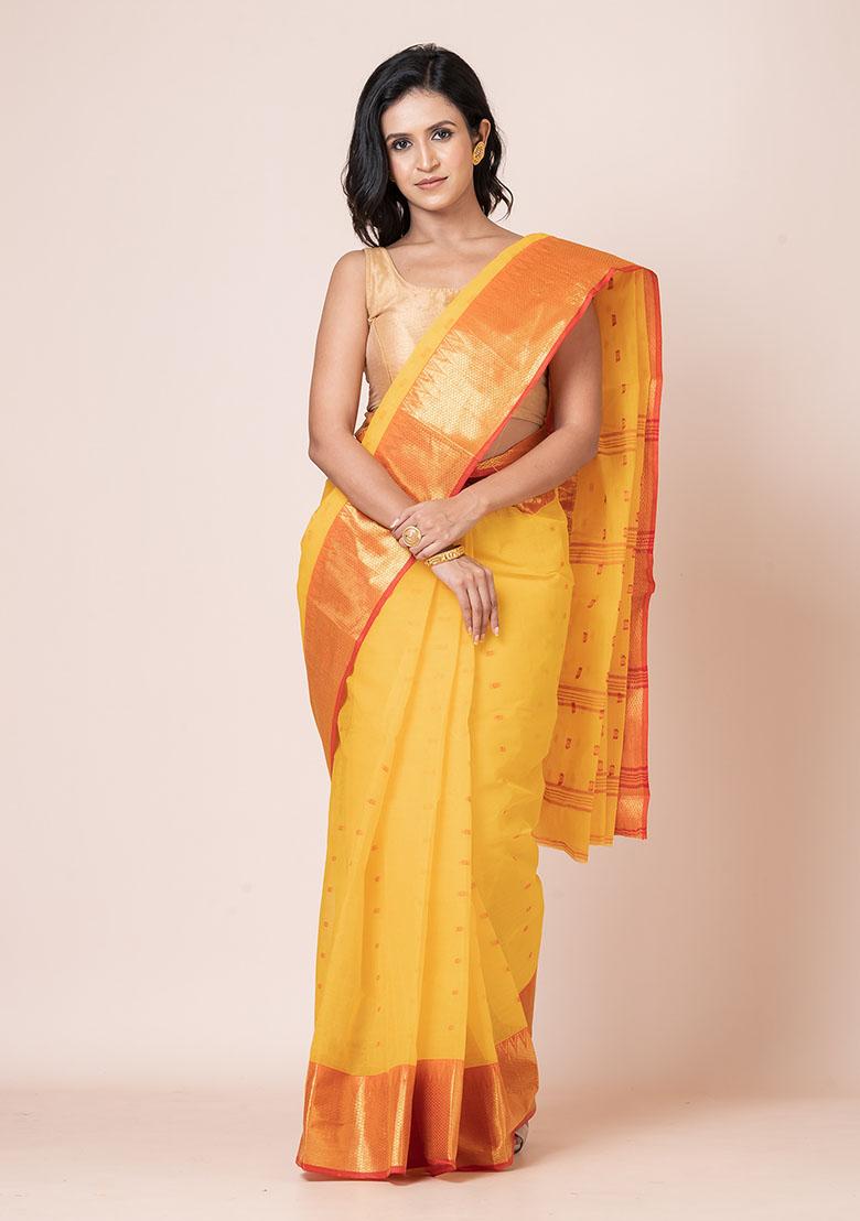 Yellow Zari Work Cotton Saree (Without Blouse)