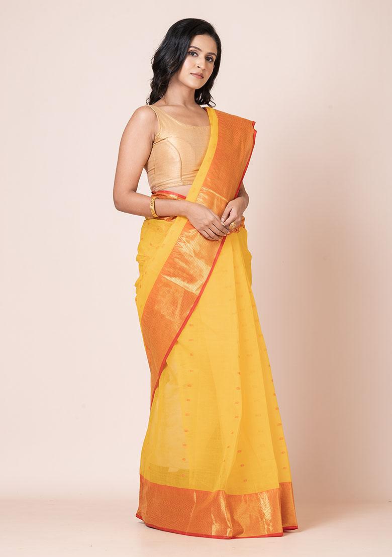 Yellow Zari Work Cotton Saree (Without Blouse)