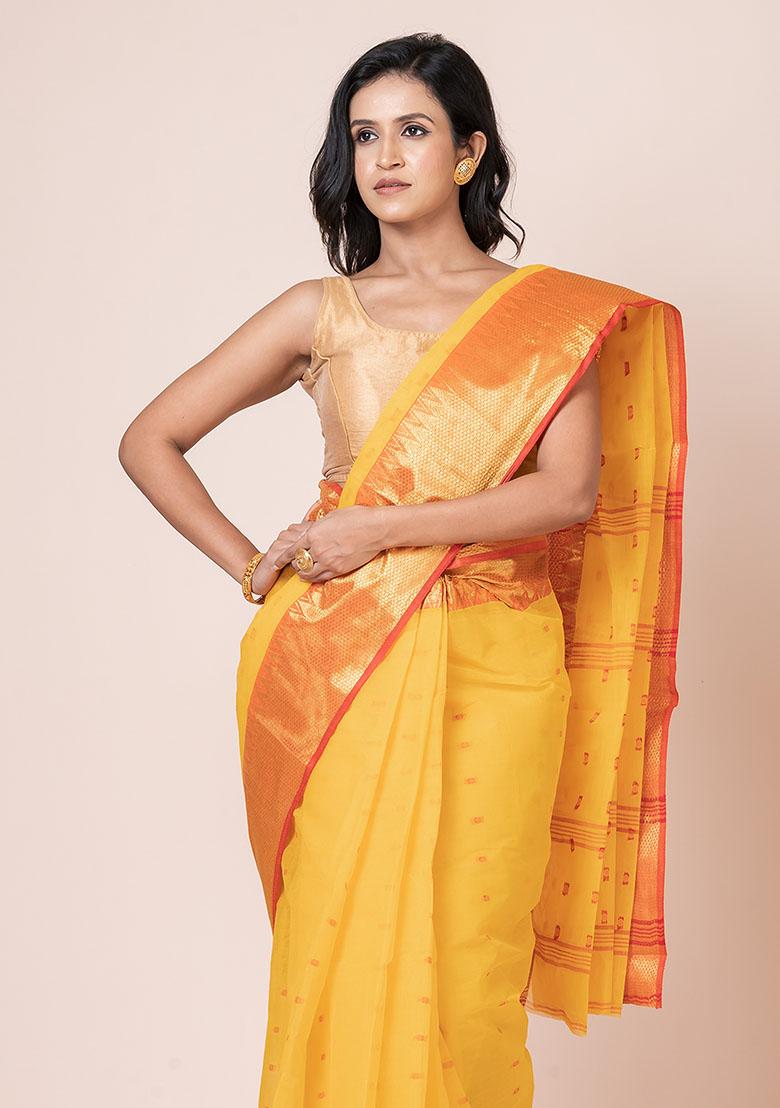 Yellow Zari Work Cotton Saree (Without Blouse)