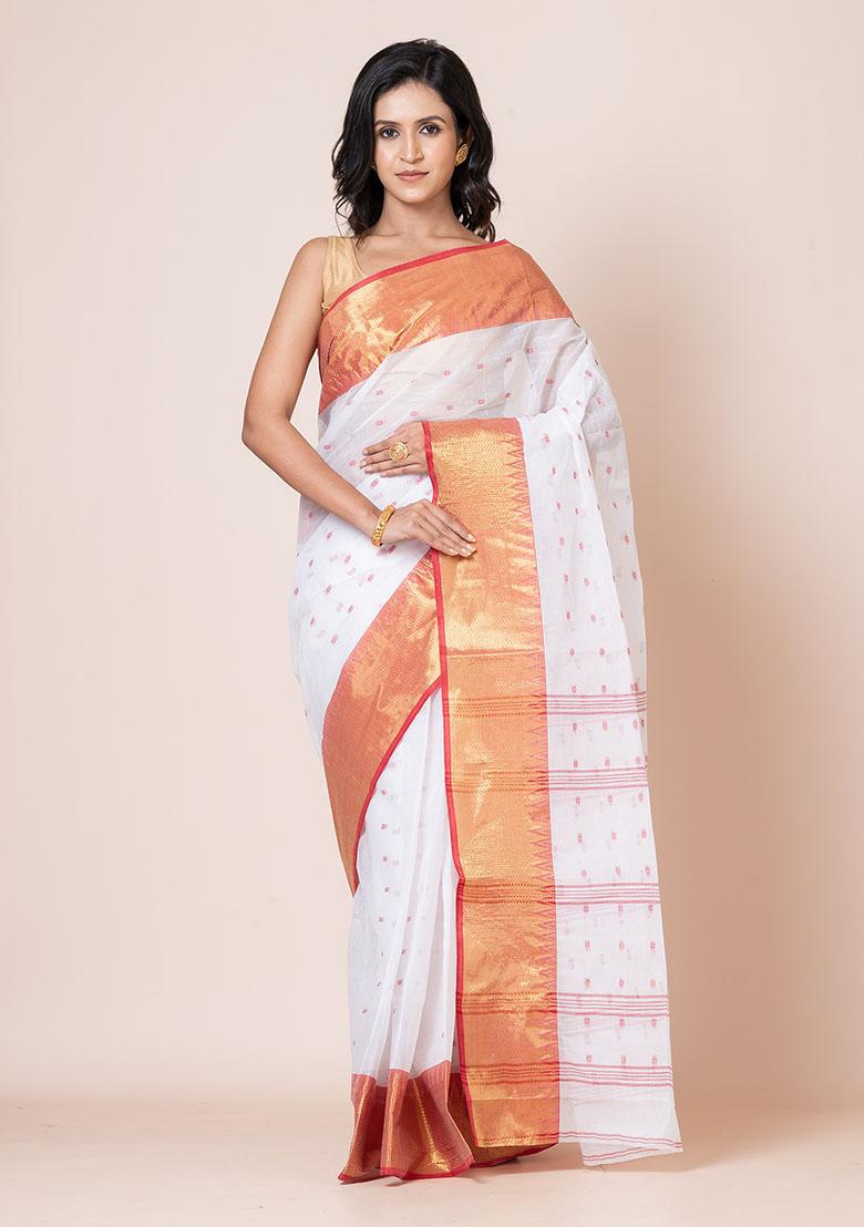 White Zari Work Cotton Saree (Without Blouse)
