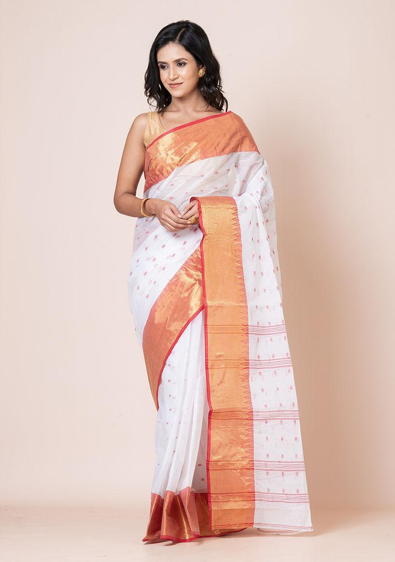 White Zari Work Cotton Saree (Without Blouse)
