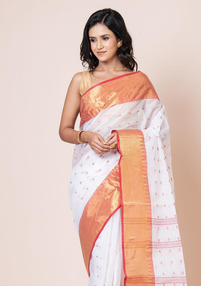 White Zari Work Cotton Saree (Without Blouse)