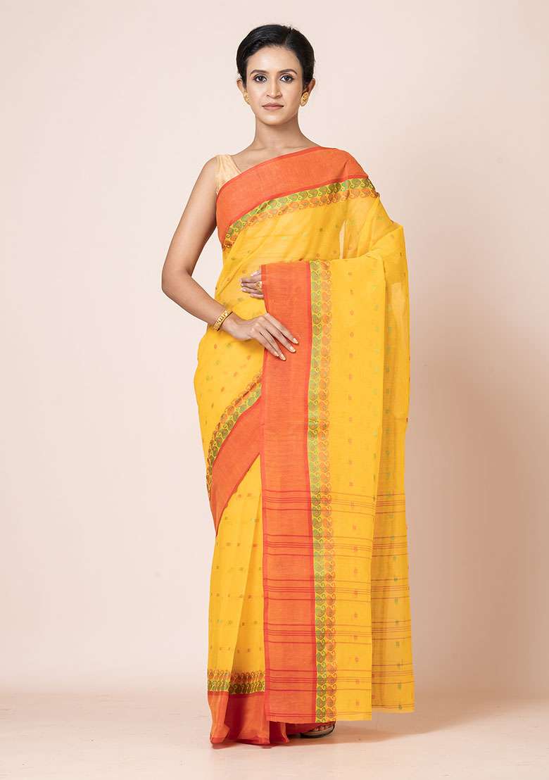Yellow Buti Work Cotton Saree (Without Blouse) - Indya