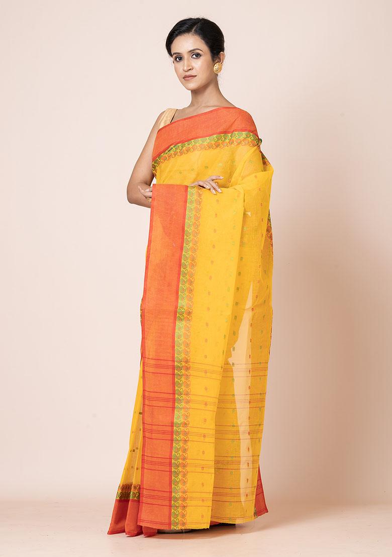 Yellow Buti Work Cotton Saree (Without Blouse)