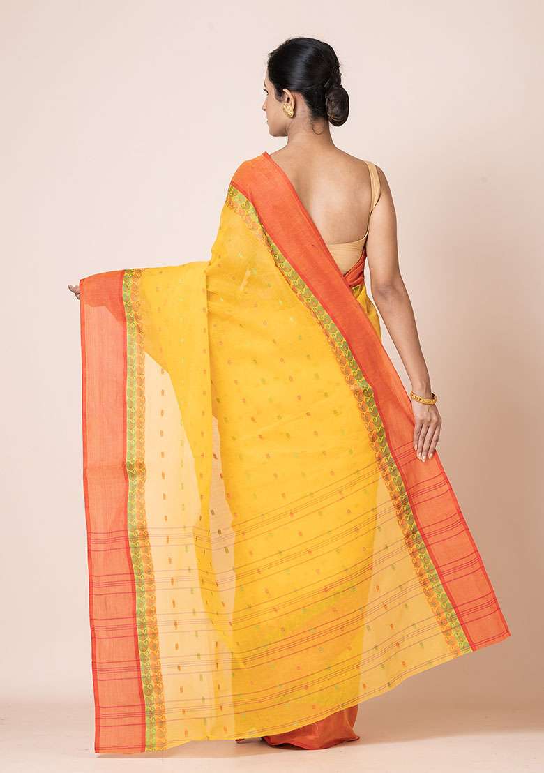 Yellow Buti Work Cotton Saree (Without Blouse) - Indya
