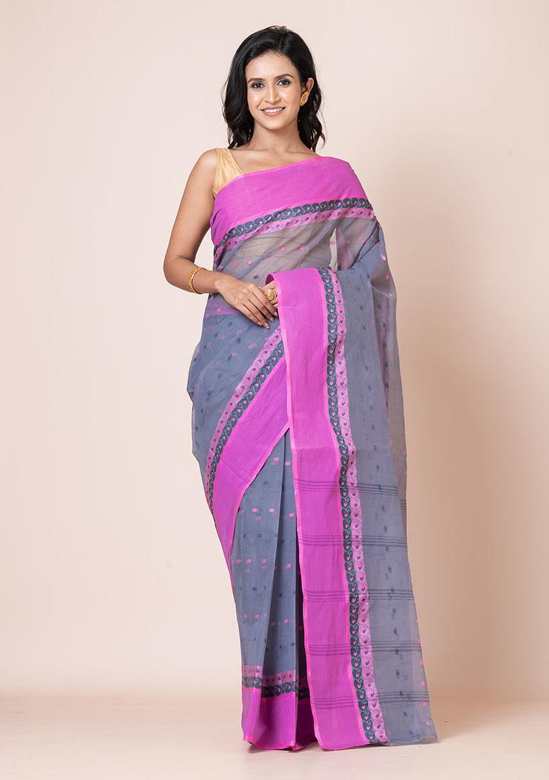 Grey Buti Work Cotton Saree (Without Blouse)