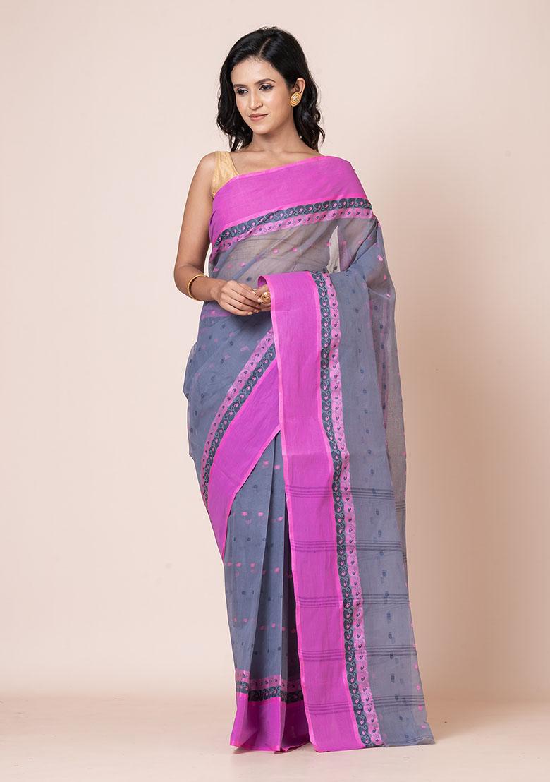 Grey Buti Work Cotton Saree (Without Blouse)