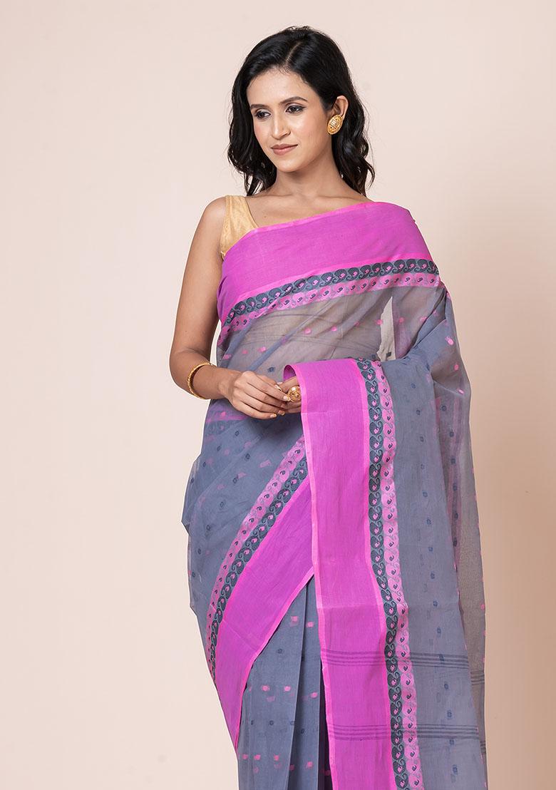 Grey Buti Work Cotton Saree (Without Blouse)