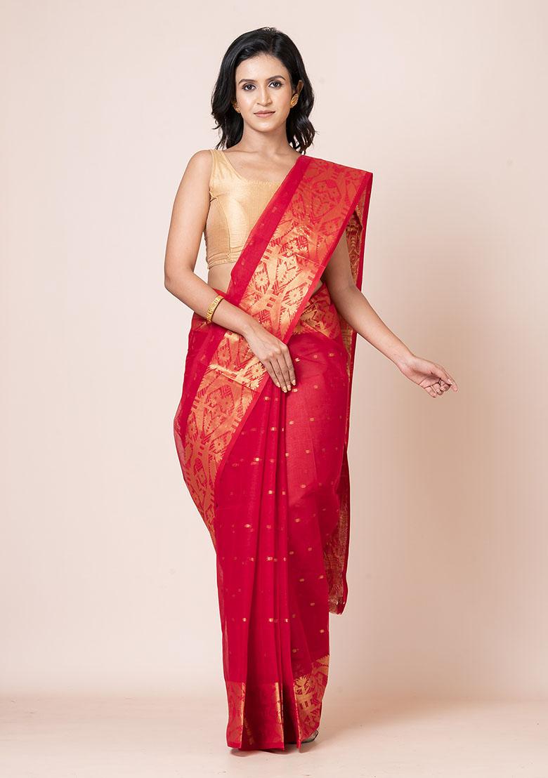 Red Zari Work Cotton Saree (Without Blouse)