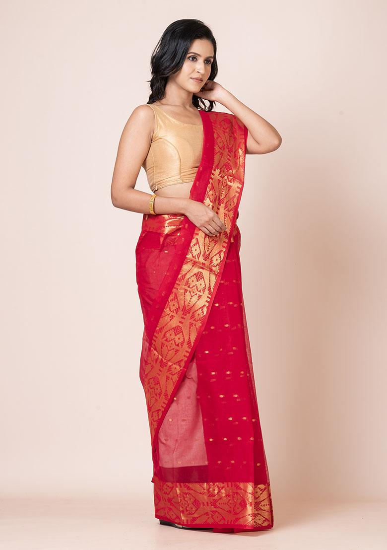 Red Zari Work Cotton Saree (Without Blouse)