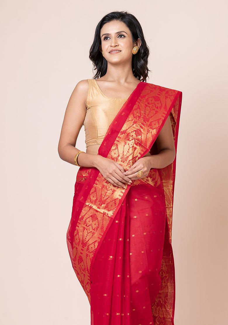 Red Zari Work Cotton Saree (Without Blouse)