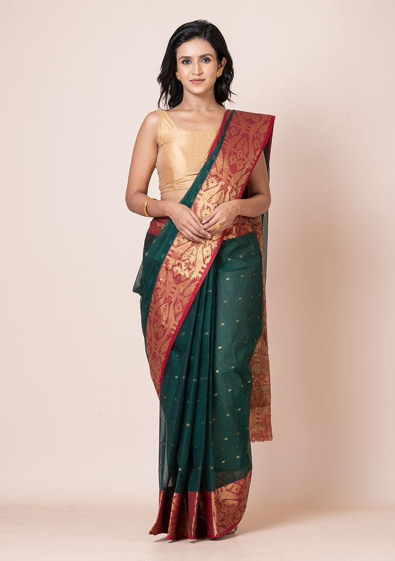 Green Zari Work Cotton Saree (Without Blouse)