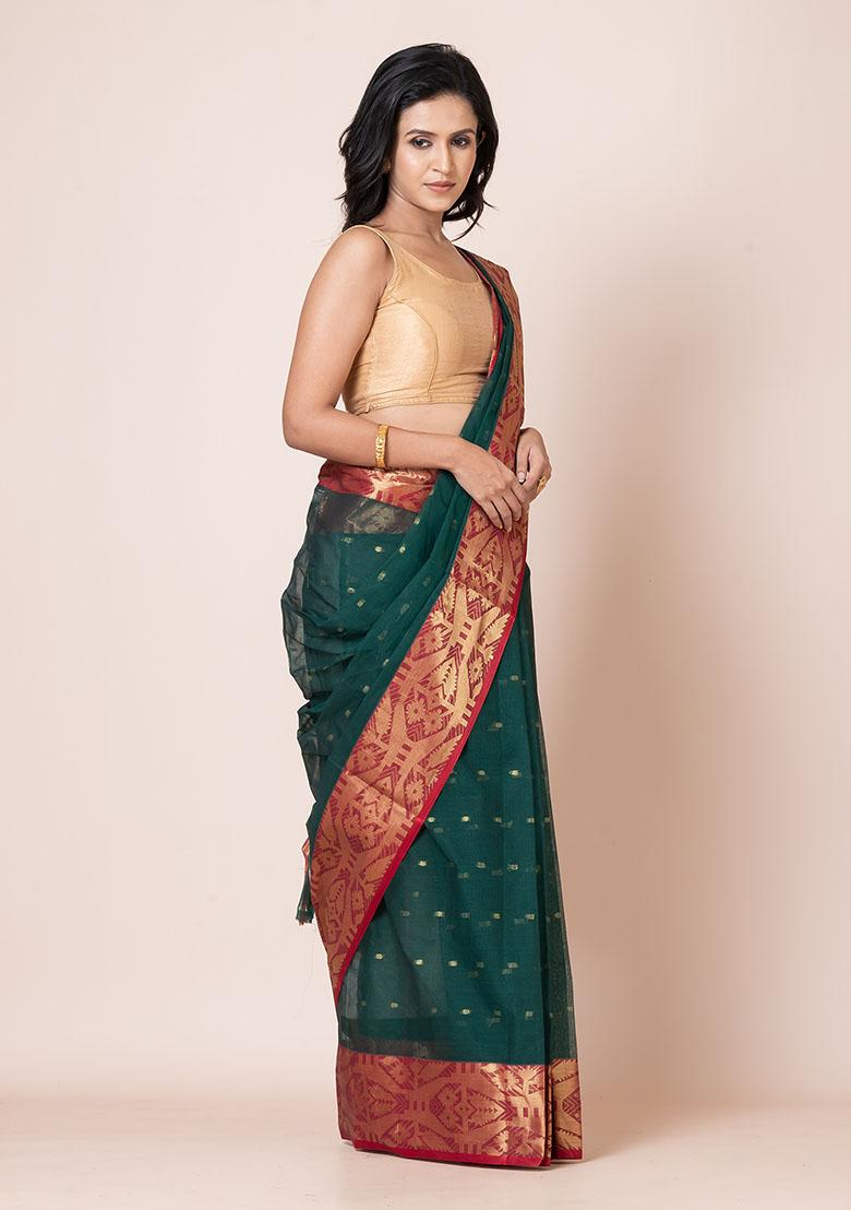 Green Zari Work Cotton Saree (Without Blouse)