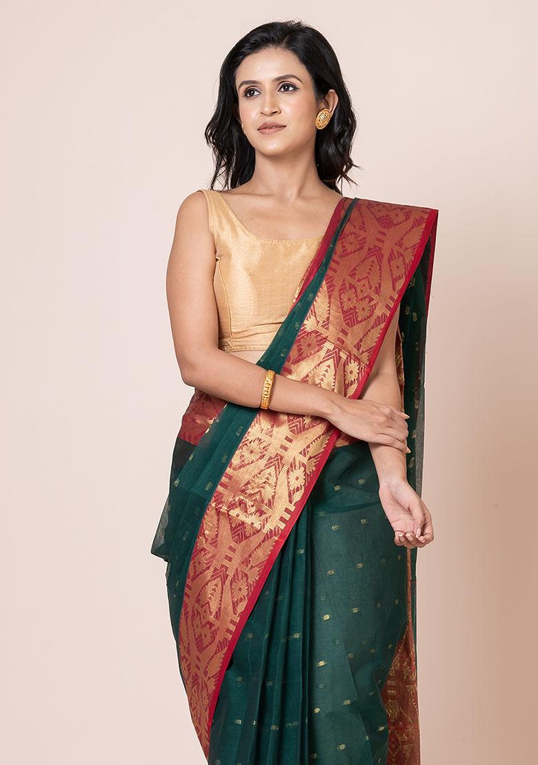 Green Zari Work Cotton Saree (Without Blouse)
