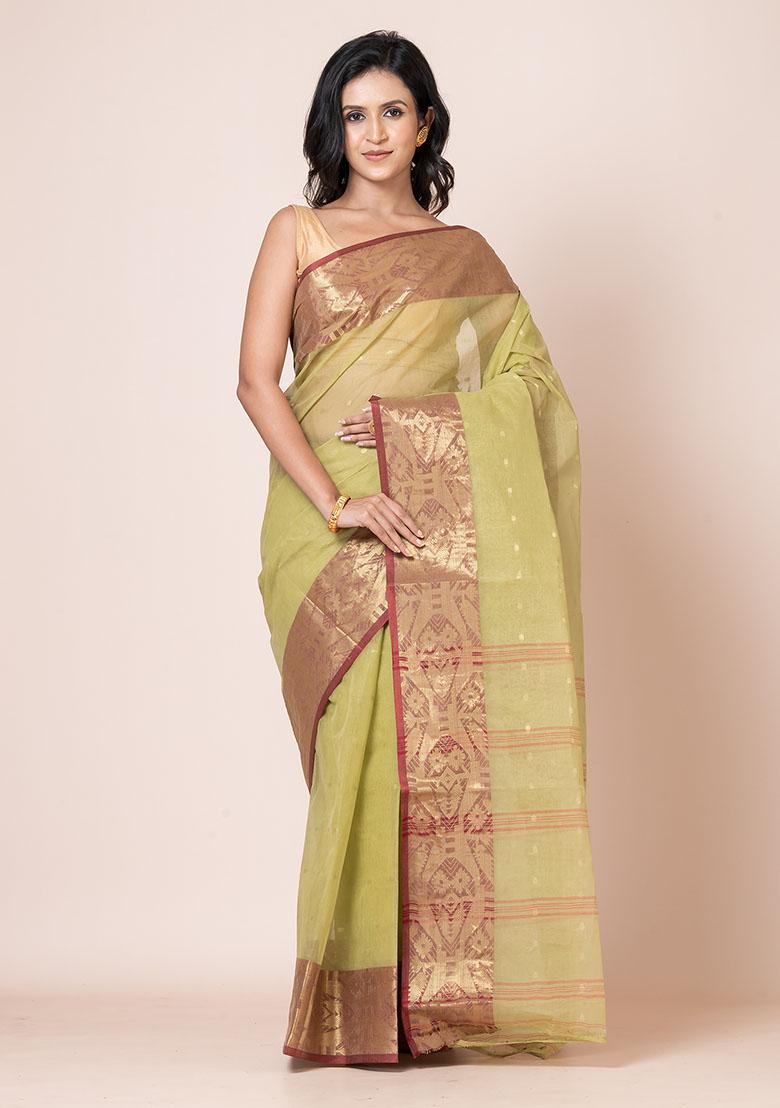 Mehendi Green Zari Work Cotton Saree (Without Blouse)